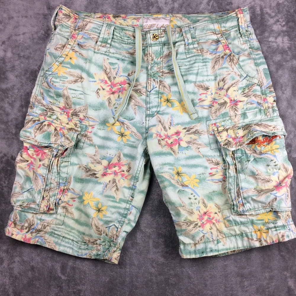 Jet Lag Cargo Shorts Mens 42 Hawaiian Floral‎ Y2K Heavyweight Drawstring HOLE